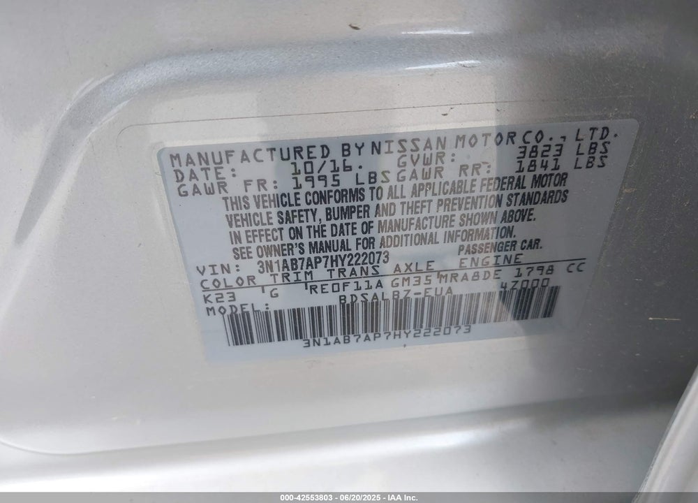 2017 NISSAN SENTRA VIN: 3N1AB7AP7HY222073