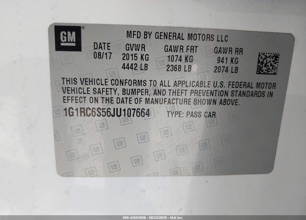 2018 CHEVROLET VOLT VIN: 1G1RC6S56JU107664