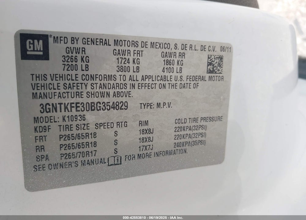 2011 CHEVROLET AVALANCHE 1500 VIN: 3GNTKFE30BG354829