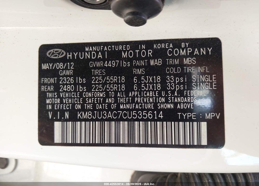 2012 HYUNDAI TUCSON VIN: KM8JU3AC7CU535614