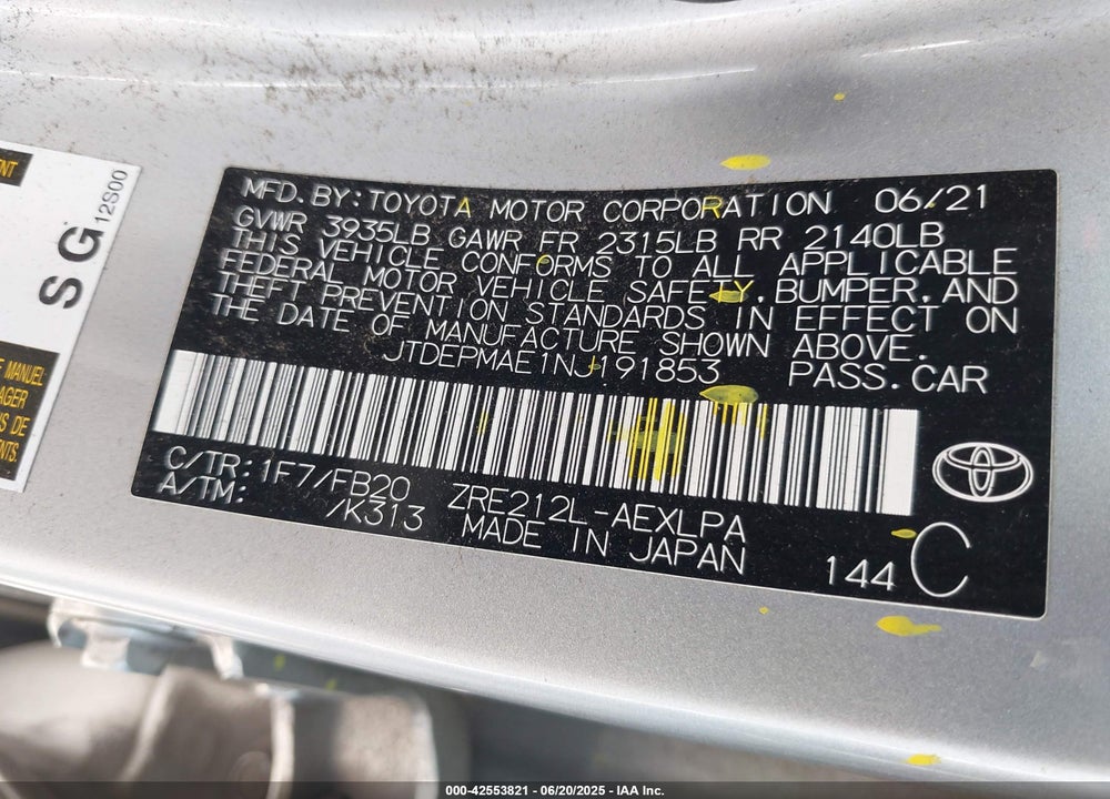 2022 TOYOTA COROLLA VIN: JTDEPMAE1NJ191853
