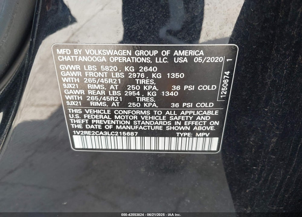 2020 VOLKSWAGEN ATLAS CROSS SPORT VIN: 1V2RE2CA3LC215687