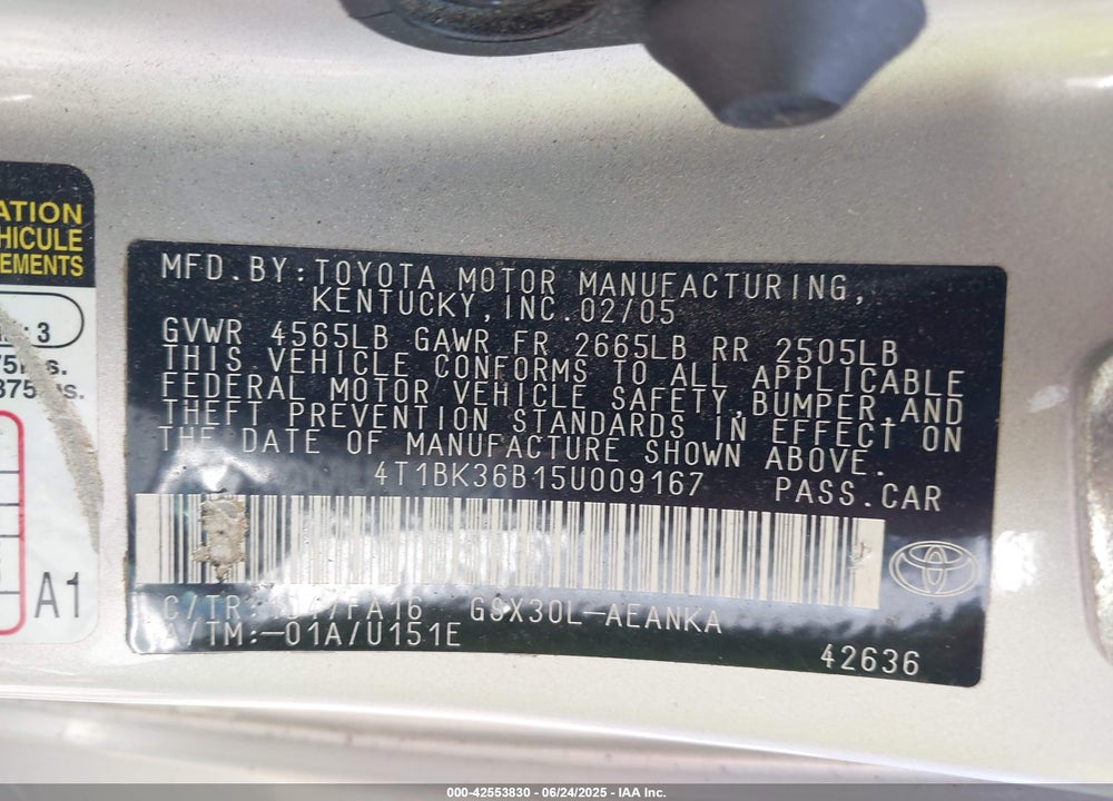 2005 TOYOTA AVALON XL VIN: 4T1BK36B15U009167