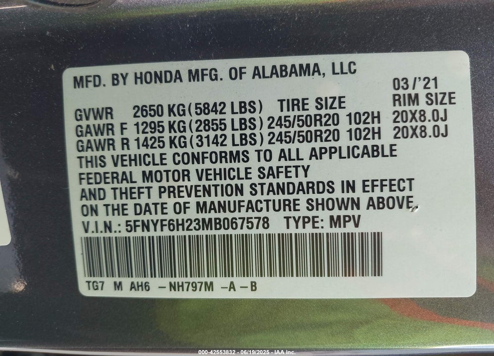 2021 HONDA PILOT VIN: 5FNYF6H23MB067578