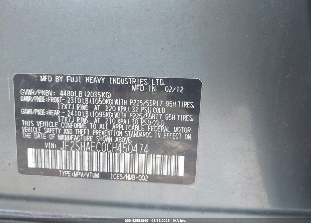 2012 SUBARU FORESTER 2.5X LIMITED VIN: JF2SHAEC0CH450474