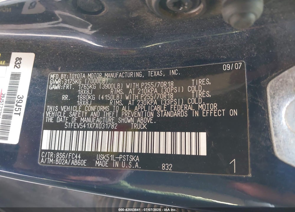 2007 TOYOTA TUNDRA VIN: 5TFEV541X7X031782