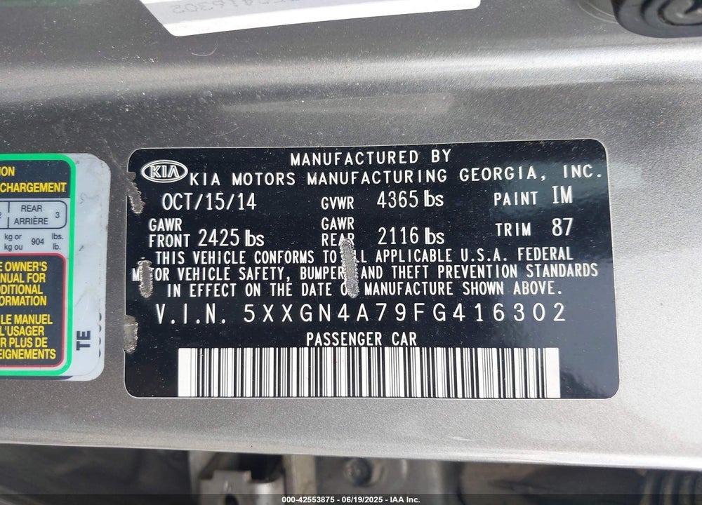 2015 KIA OPTIMA VIN: 5XXGN4A79FG416302