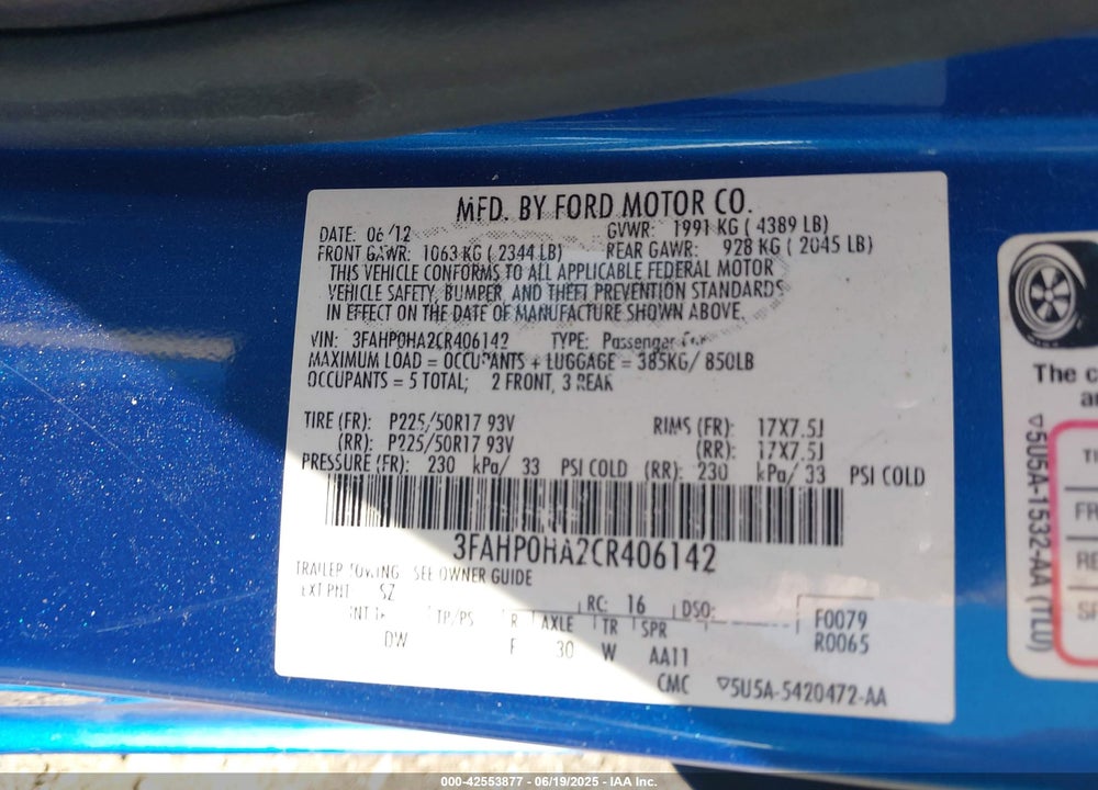 2012 FORD FUSION VIN: 3FAHP0HA2CR406142