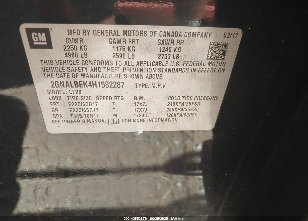 2017 CHEVROLET EQUINOX VIN: 2GNALBEK4H1582287