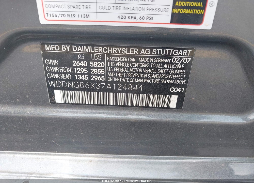 2007 MERCEDES-BENZ S CLASS VIN: WDDNG86X37A124844