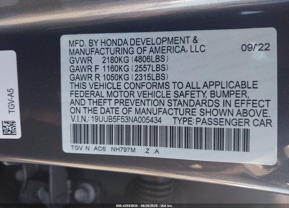 2022 ACURA TLX A-SPEC PACKAGE VIN: 19UUB5F53NA005434