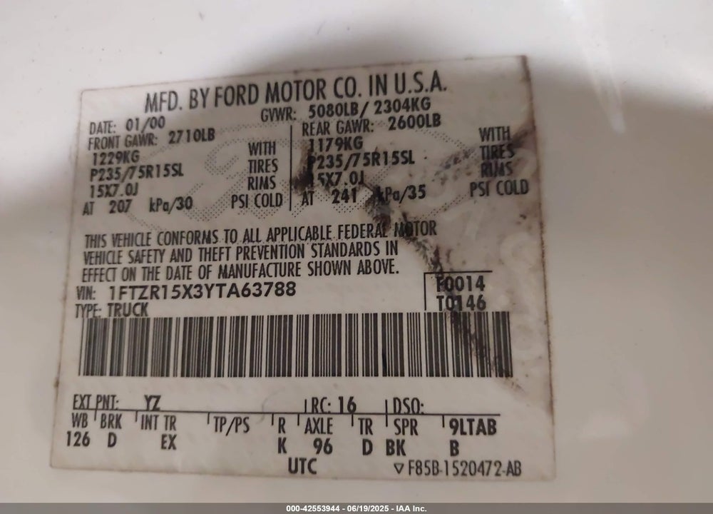 2000 FORD RANGER XLT VIN: 1FTZR15X3YTA63788