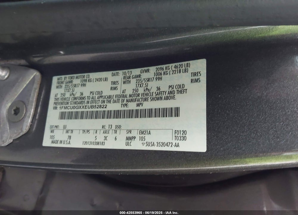 2014 FORD ESCAPE SE VIN: 1FMCU0GXXEUB52822