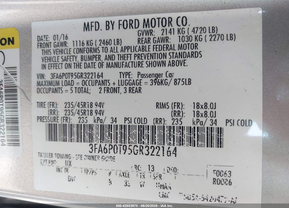 2016 FORD FUSION VIN: 3FA6P0T95GR322164