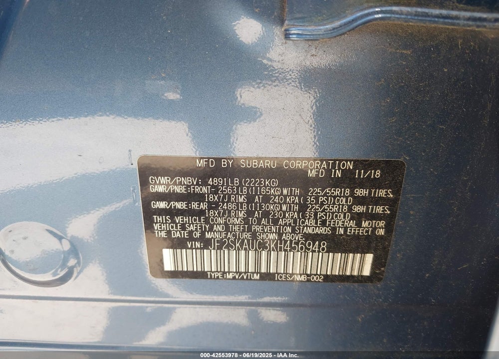 2019 SUBARU FORESTER VIN: JF2SKAUC3KH456948