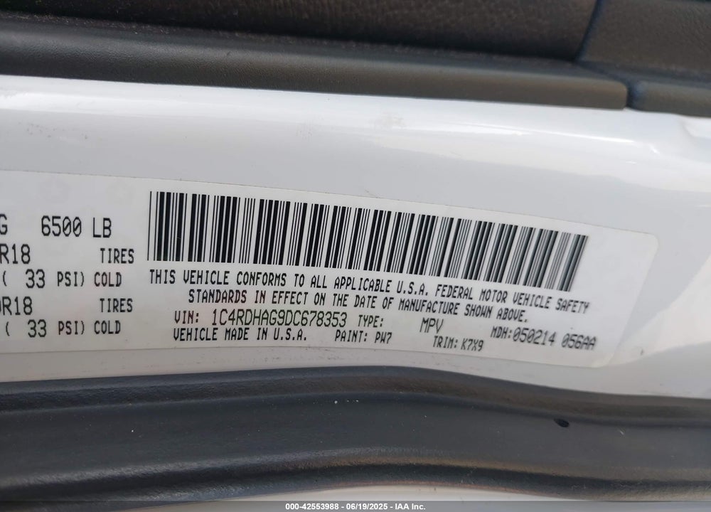 2013 DODGE DURANGO VIN: 1C4RDHAG9DC678353