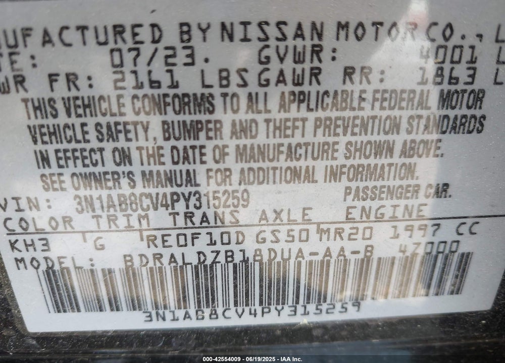 2023 NISSAN SENTRA VIN: 3N1AB8CV4PY315259
