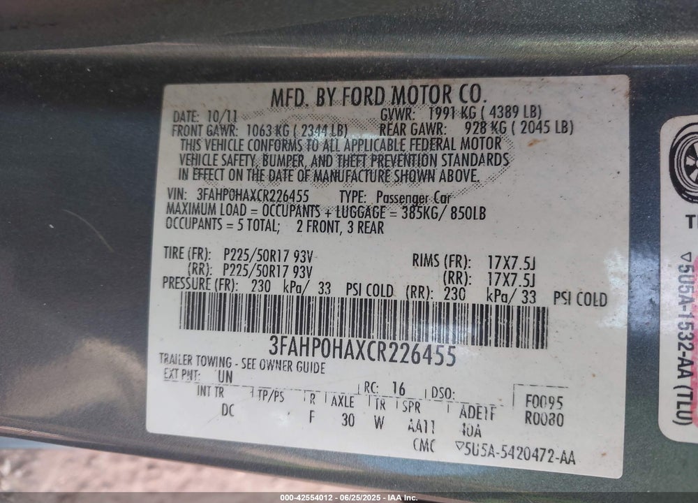 2012 FORD FUSION VIN: 3FAHP0HAXCR226455