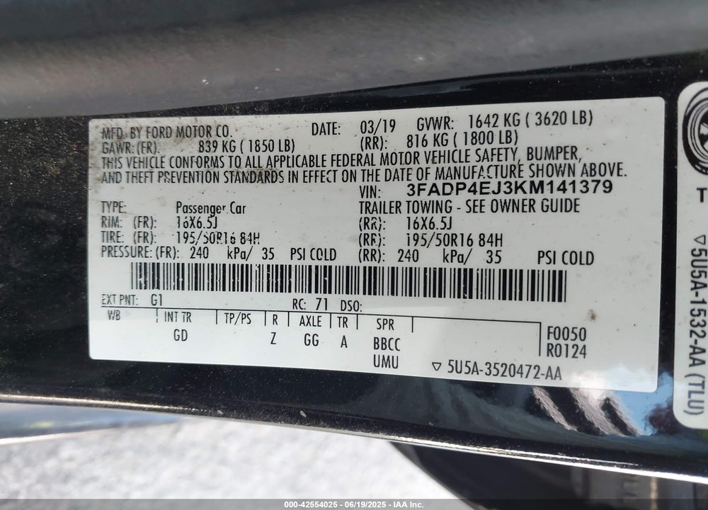 2019 FORD FIESTA VIN: 3FADP4EJ3KM141379