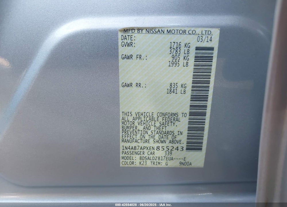 2014 NISSAN SENTRA VIN: 1N4AB7APXEN855243
