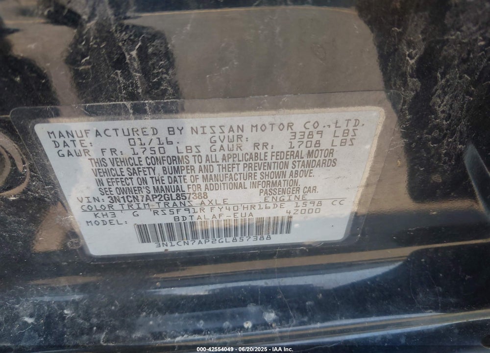 2016 NISSAN VERSA VIN: 3N1CN7AP2GL857388