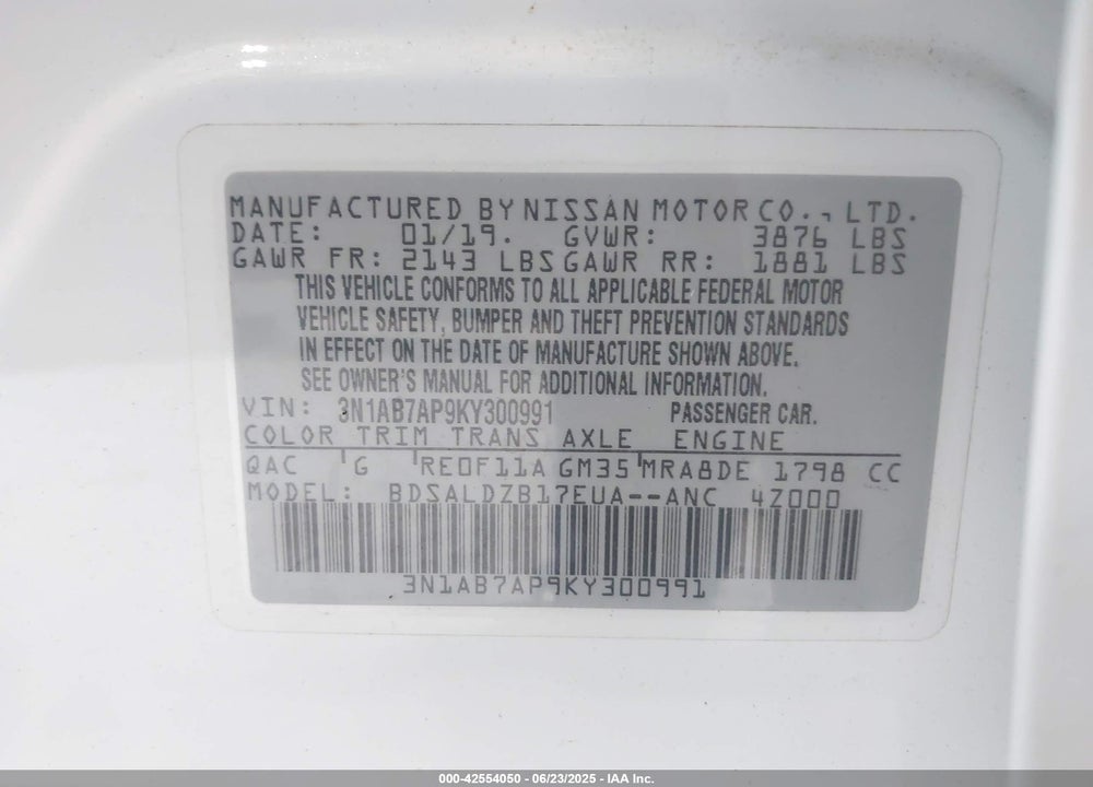 2019 NISSAN SENTRA SV VIN: 3N1AB7AP9KY300991