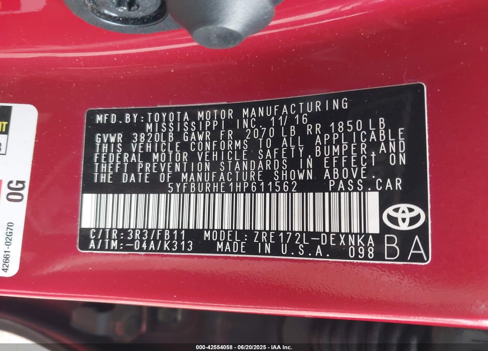 2017 TOYOTA COROLLA L/LE/SE/SE SPECIAL EDITION/XLE/XSE VIN: 5YFBURHE1HP611562
