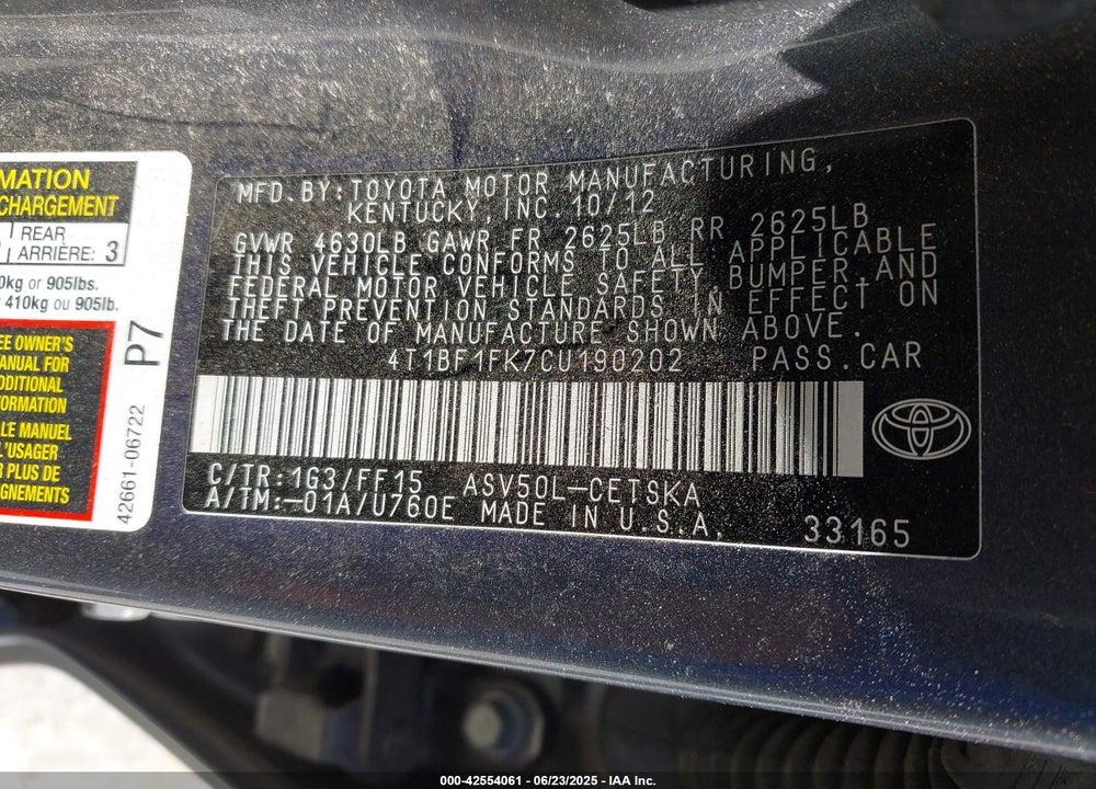2012 TOYOTA CAMRY SE VIN: 4T1BF1FK7CU190202
