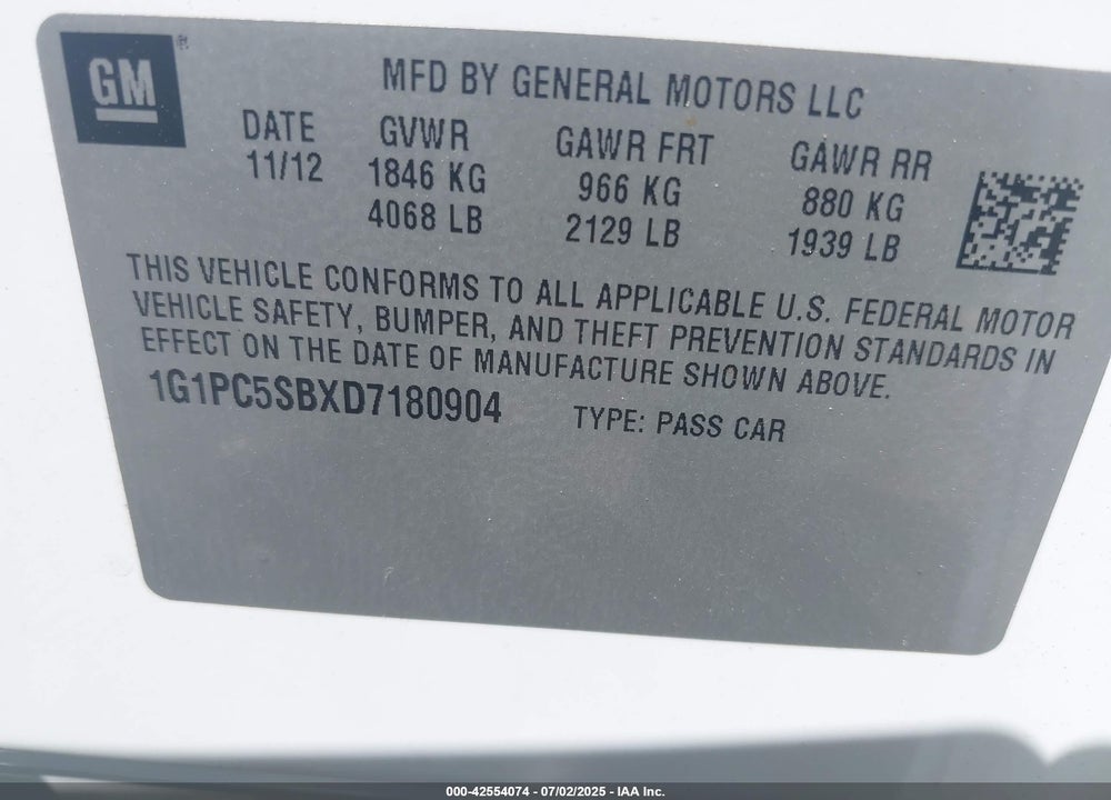 2013 CHEVROLET CRUZE VIN: 1G1PC5SBXD7180904