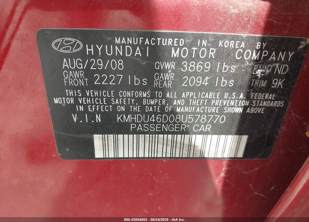 2008 HYUNDAI ELANTRA VIN: KMHDU46D08U578770