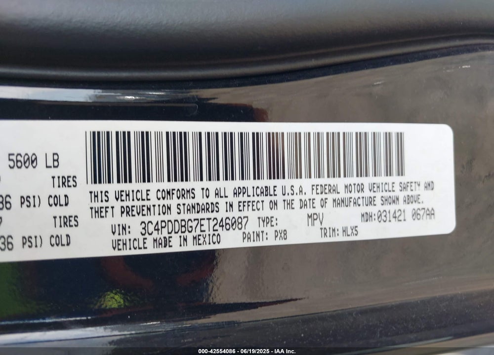 2014 DODGE JOURNEY VIN: 3C4PDDBG7ET246087
