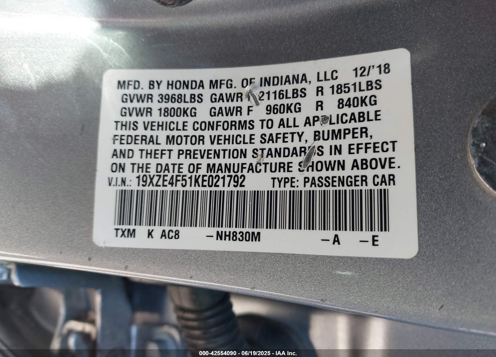 2019 HONDA INSIGHT VIN: 19XZE4F51KE021792