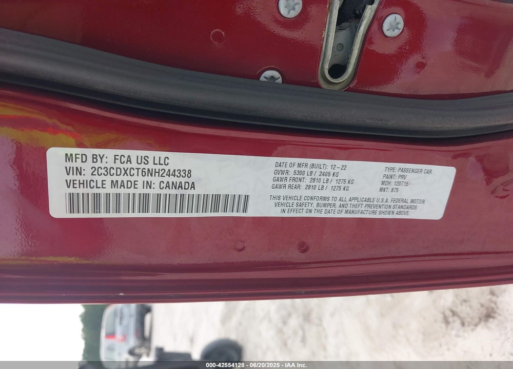 2022 DODGE CHARGER VIN: 2C3CDXCT6NH244338