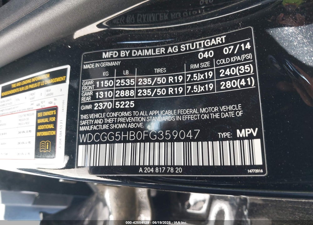 2015 MERCEDES-BENZ GLK-CLASS VIN: WDCGG5HB0FG359047