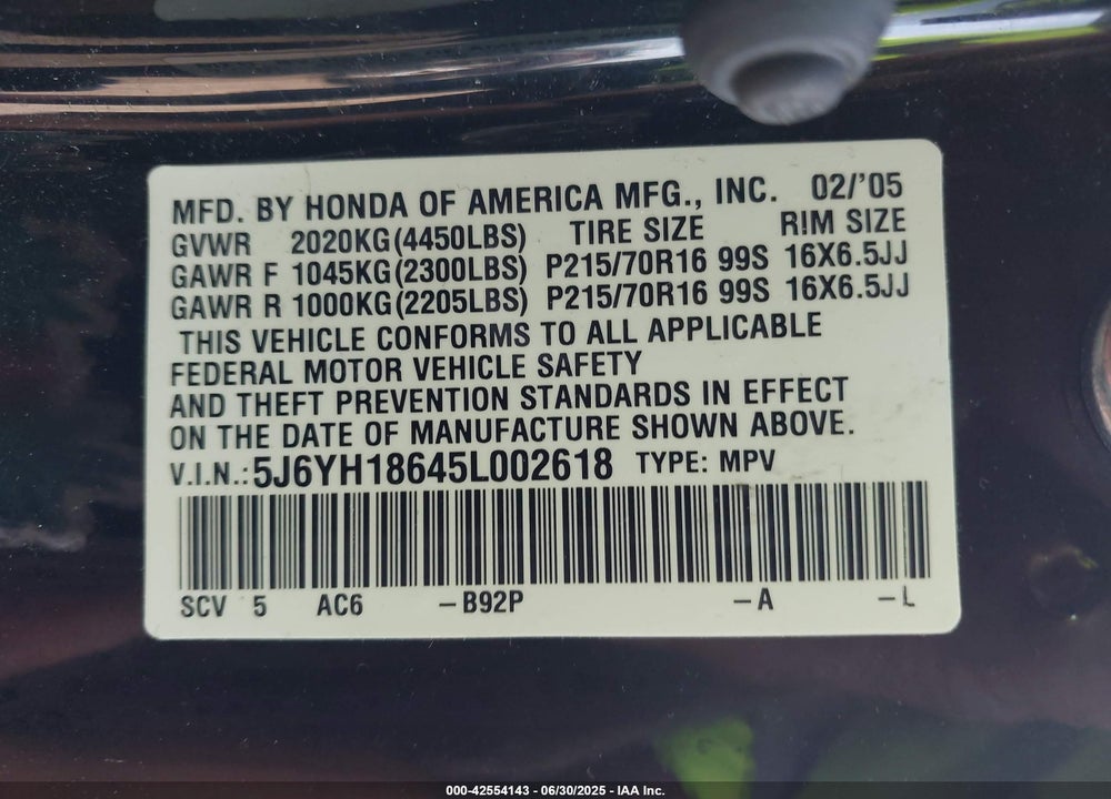 2005 HONDA ELEMENT EX VIN: 5J6YH18645L002618