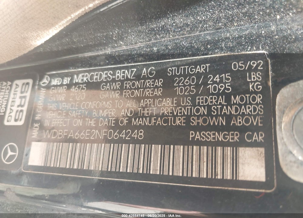 1992 MERCEDES-BENZ 500 SL VIN: WDBFA66E2NF064248
