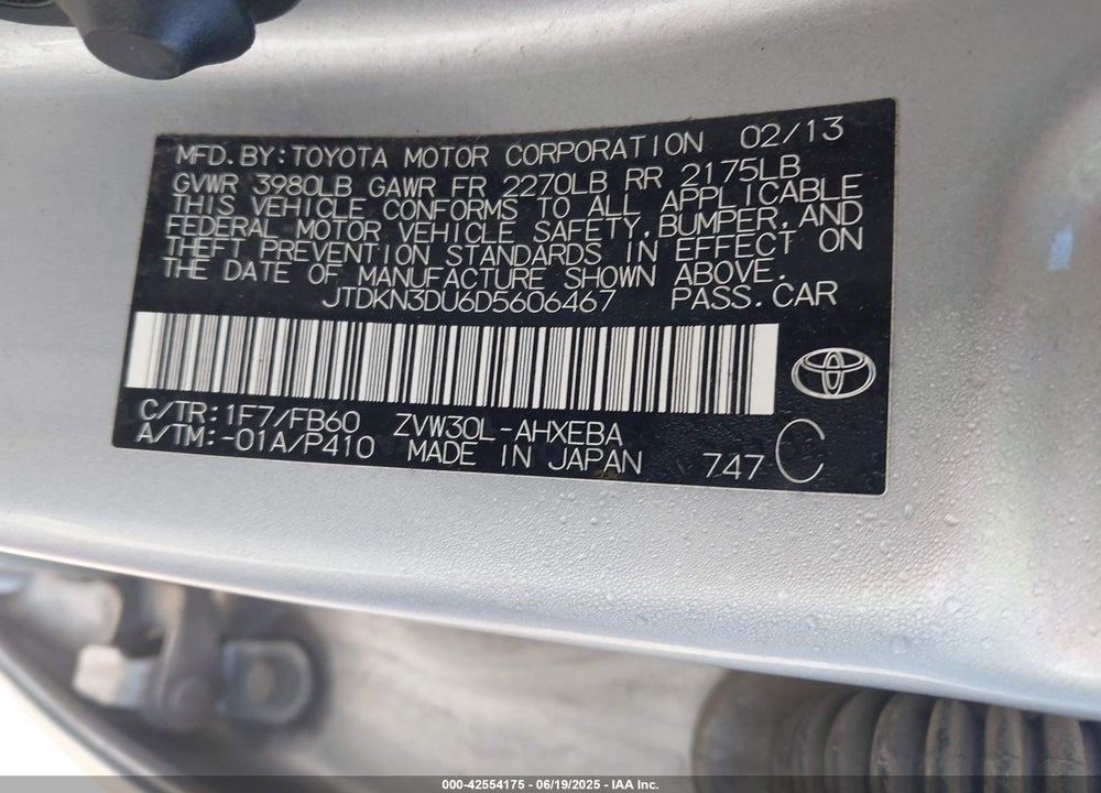 2013 TOYOTA PRIUS VIN: JTDKN3DU6D5606467