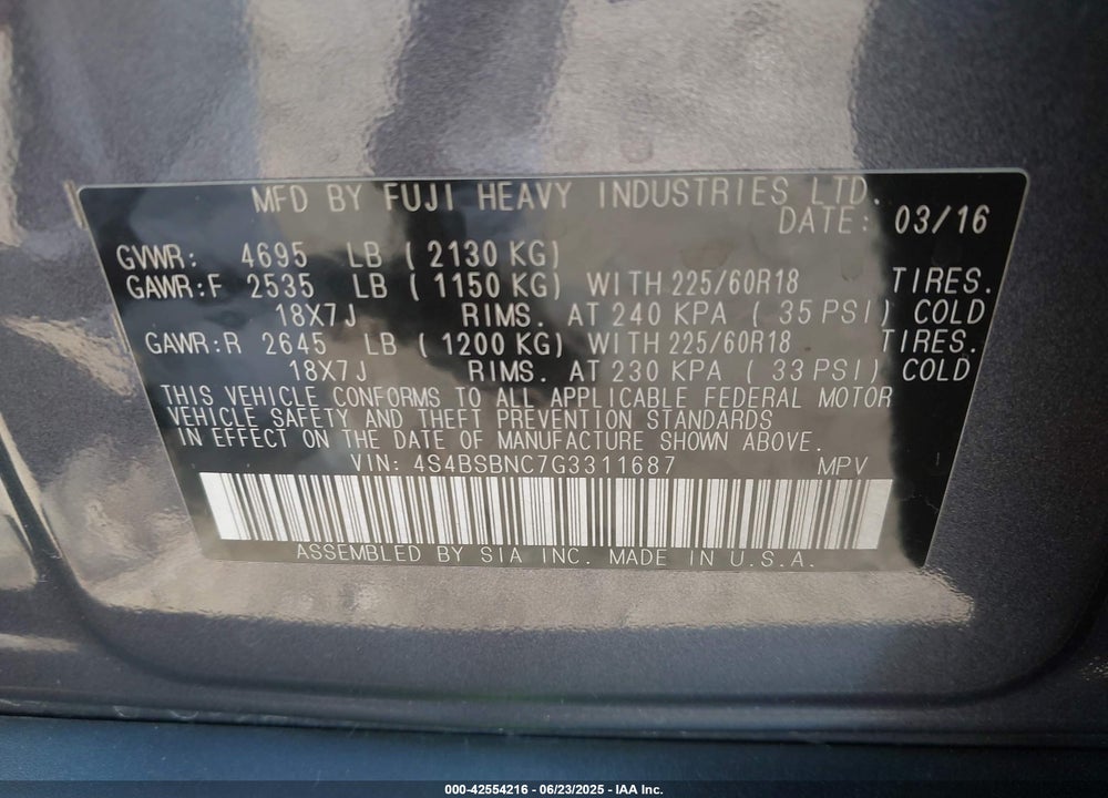 2016 SUBARU OUTBACK 2.5I LIMITED VIN: 4S4BSBNC7G3311687