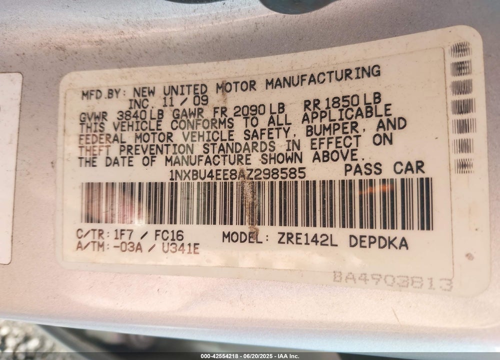 2010 TOYOTA COROLLA LE VIN: 1NXBU4EE8AZ298585