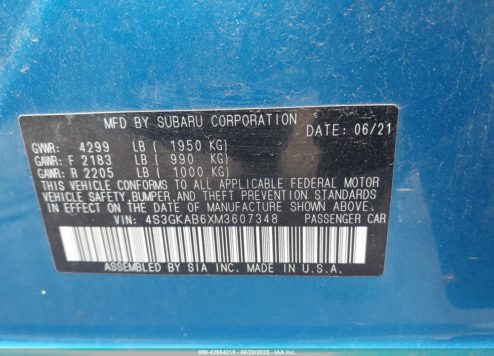 2021 SUBARU IMPREZA VIN: 4S3GKAB6XM3607348
