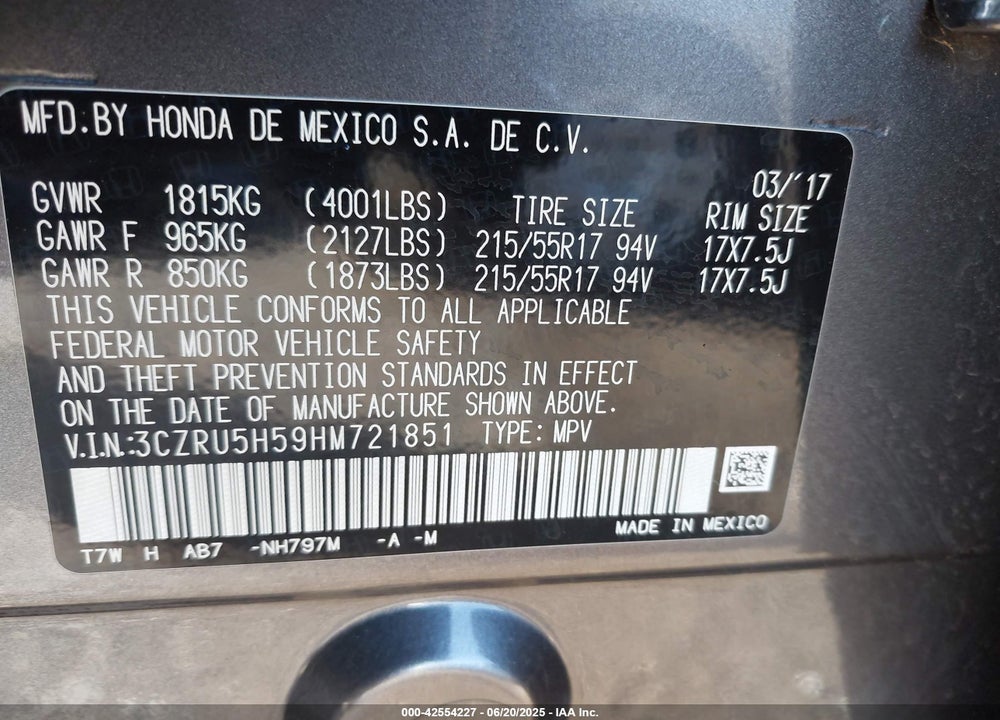 2017 HONDA HR-V VIN: 3CZRU5H59HM721851