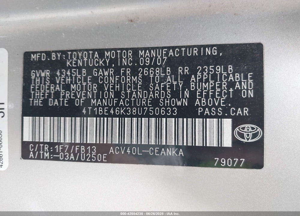 2008 TOYOTA CAMRY VIN: 4T1BE46K38U750633