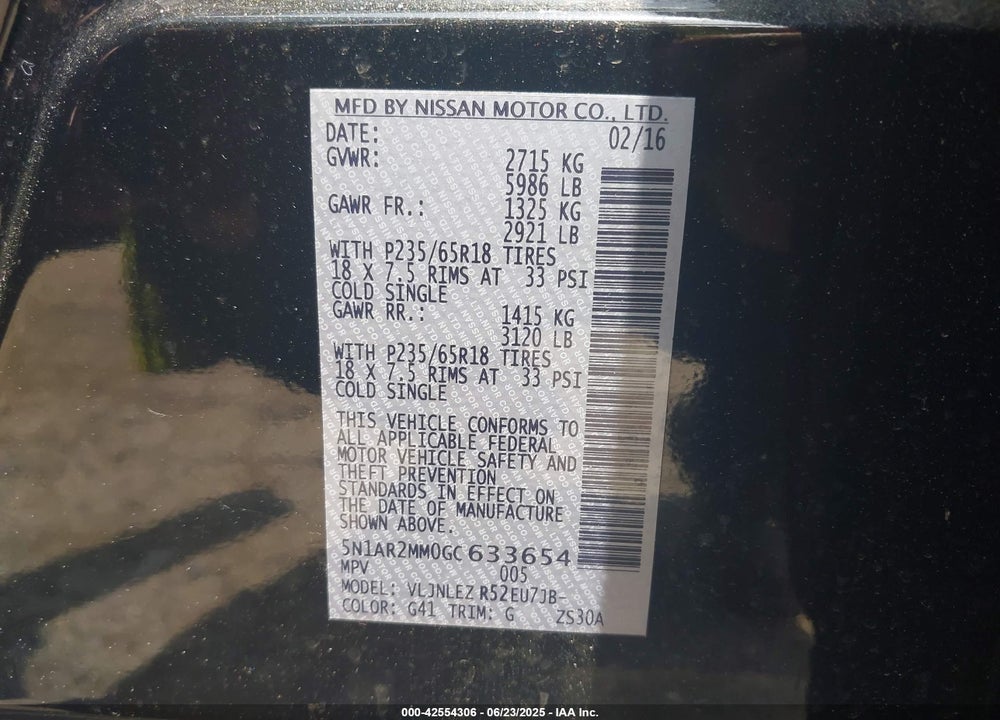 2016 NISSAN PATHFINDER VIN: 5N1AR2MM0GC633654