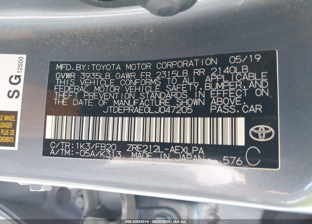 2020 TOYOTA COROLLA VIN: JTDEPRAE0LJ047205