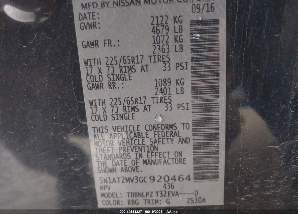 2016 NISSAN ROGUE VIN: 5N1AT2MV3GC920464