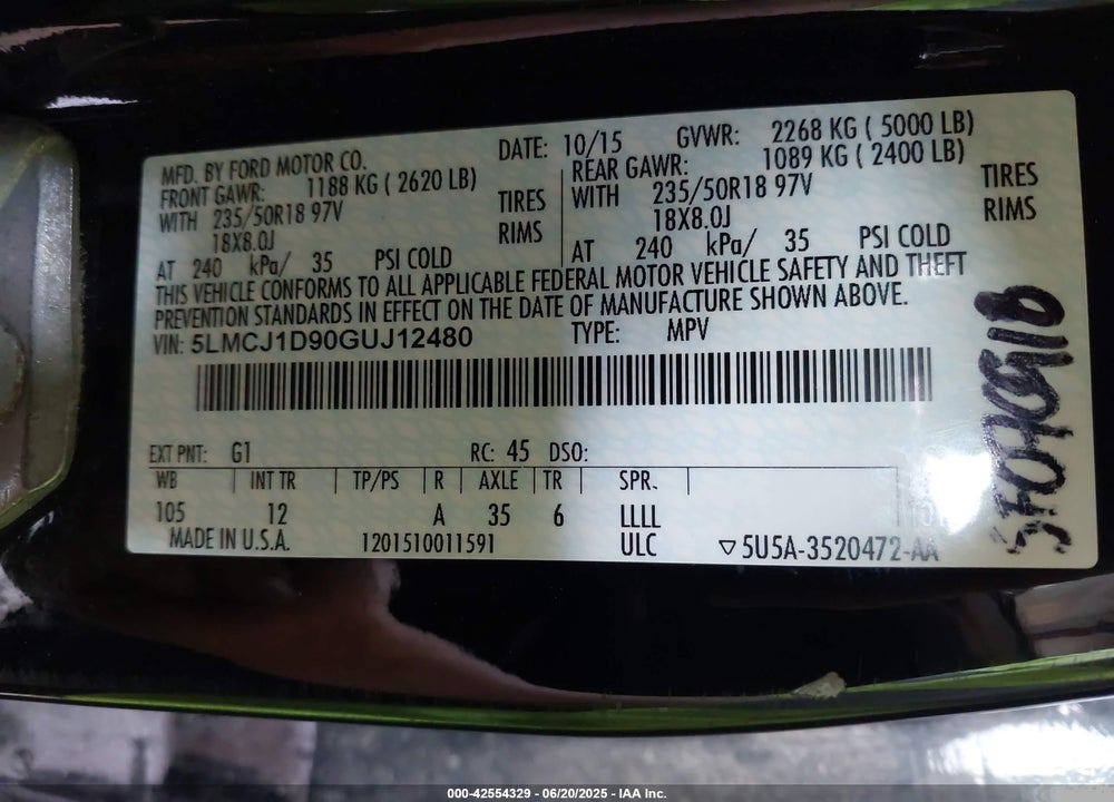 2016 LINCOLN MKC VIN: 5LMCJ1D90GUJ12480