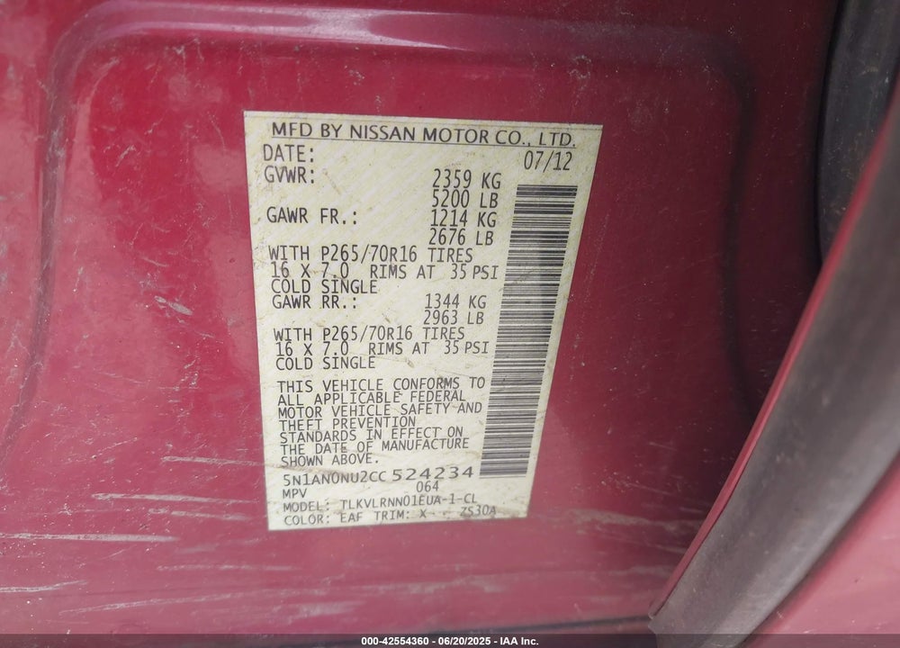 2012 NISSAN XTERRA S VIN: 5N1AN0NU2CC524234