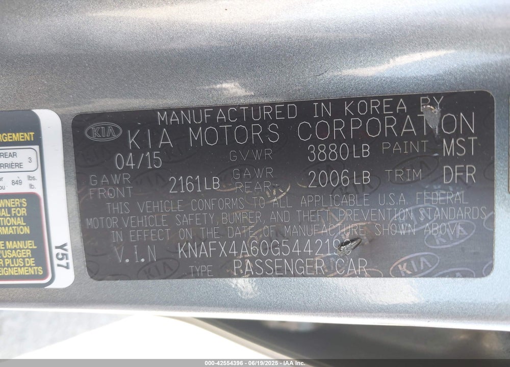 2016 KIA FORTE VIN: KNAFX4A60G5442190