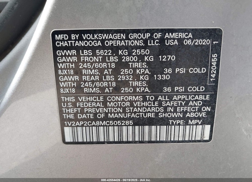 2021 VOLKSWAGEN ATLAS VIN: 1V2AP2CA8MC505285