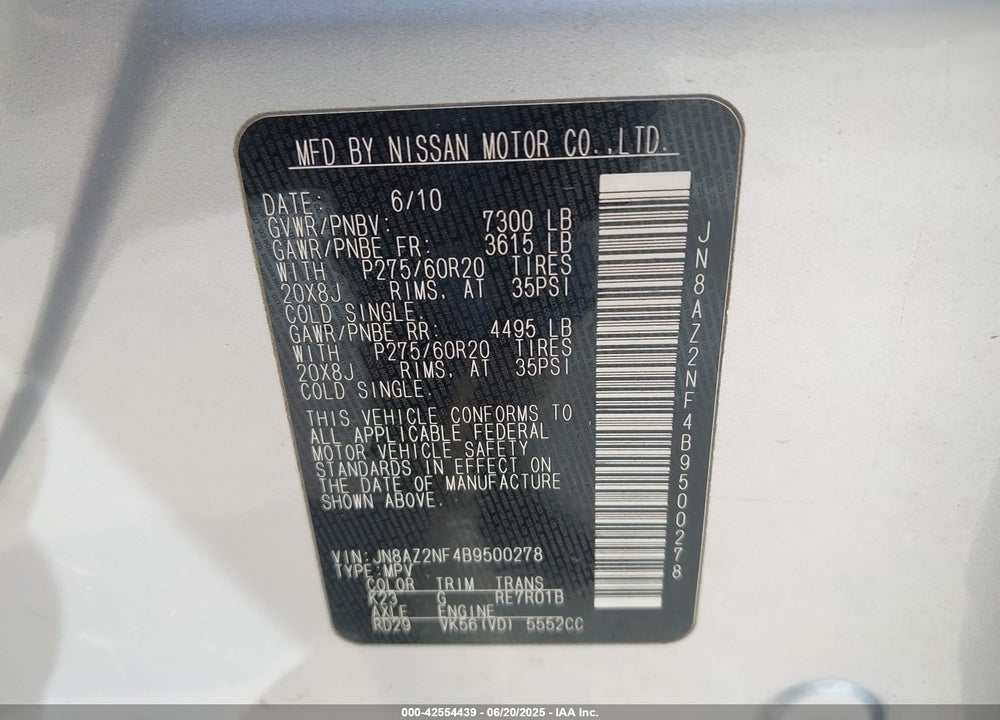 2011 INFINITI QX56 VIN: JN8AZ2NF4B9500278